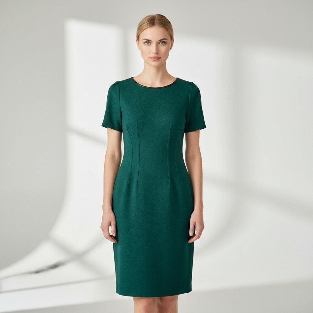 Elie Tahari Emerald Green Wool Blend Sheath Dress Leather Trim Size 4 Career